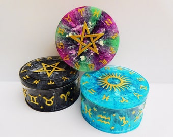 Pot de rangement pour bibelots célestes. Horoscope, soleil, lune et étoiles, signes astrologiques, wicca, wicca. Zodiaque, décoration d'intérieur. Options de couleur disponibles