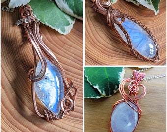 Moonstone Necklace Variety, Sterling Silver & Copper, Natural Jewellery, Wire Wrapped, Festival Necklace, June Birthstone, Rainbow Pendant