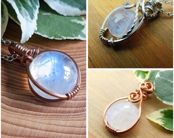 Moonstone Necklace Variety, Sterling Silver & Copper, Natural Jewellery, Wire Wrapped, Festival Necklace, June Birthstone, Rainbow Pendant