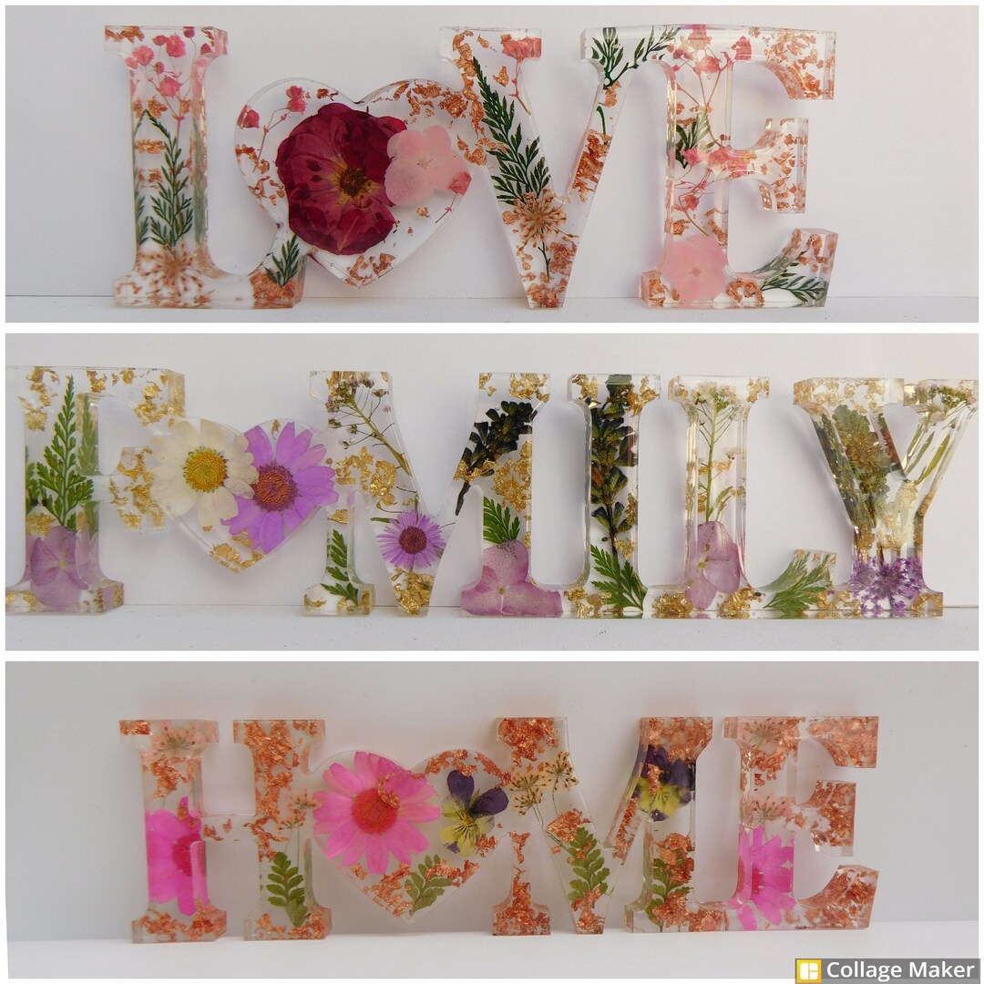 Freestanding Dried Flower Resin Word Signs. Flower Preservation, Pressed Flowers, Resin Sign