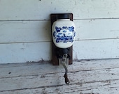 Vintage Porcelain and Cast Iron Blue Delft Holland Windmill Wall Mount Coffee Grinder From Holland Wooden Hand Crank