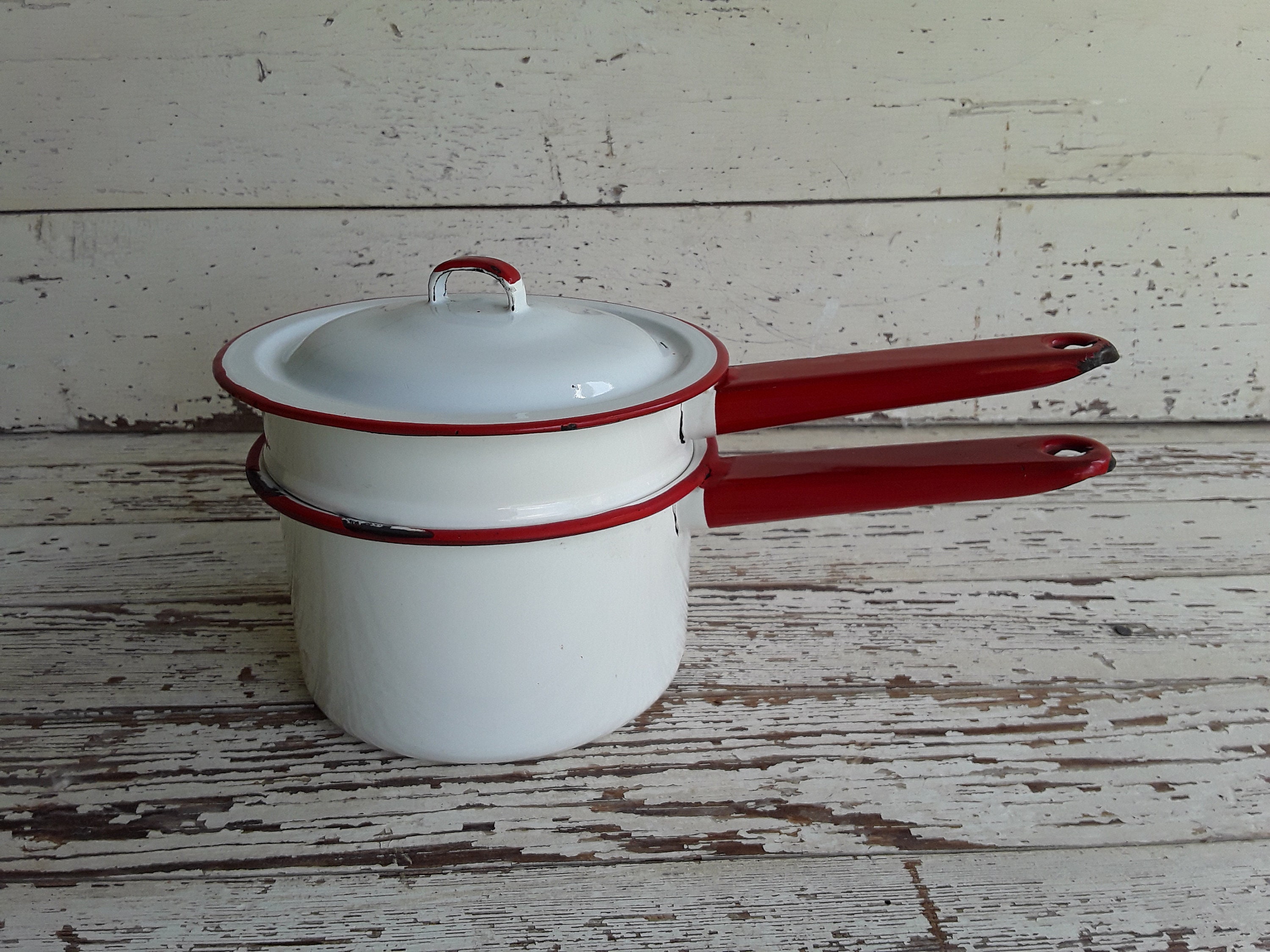 Cookware Kitchen & Dining Vintage Red & White Enamelware Double Boiler