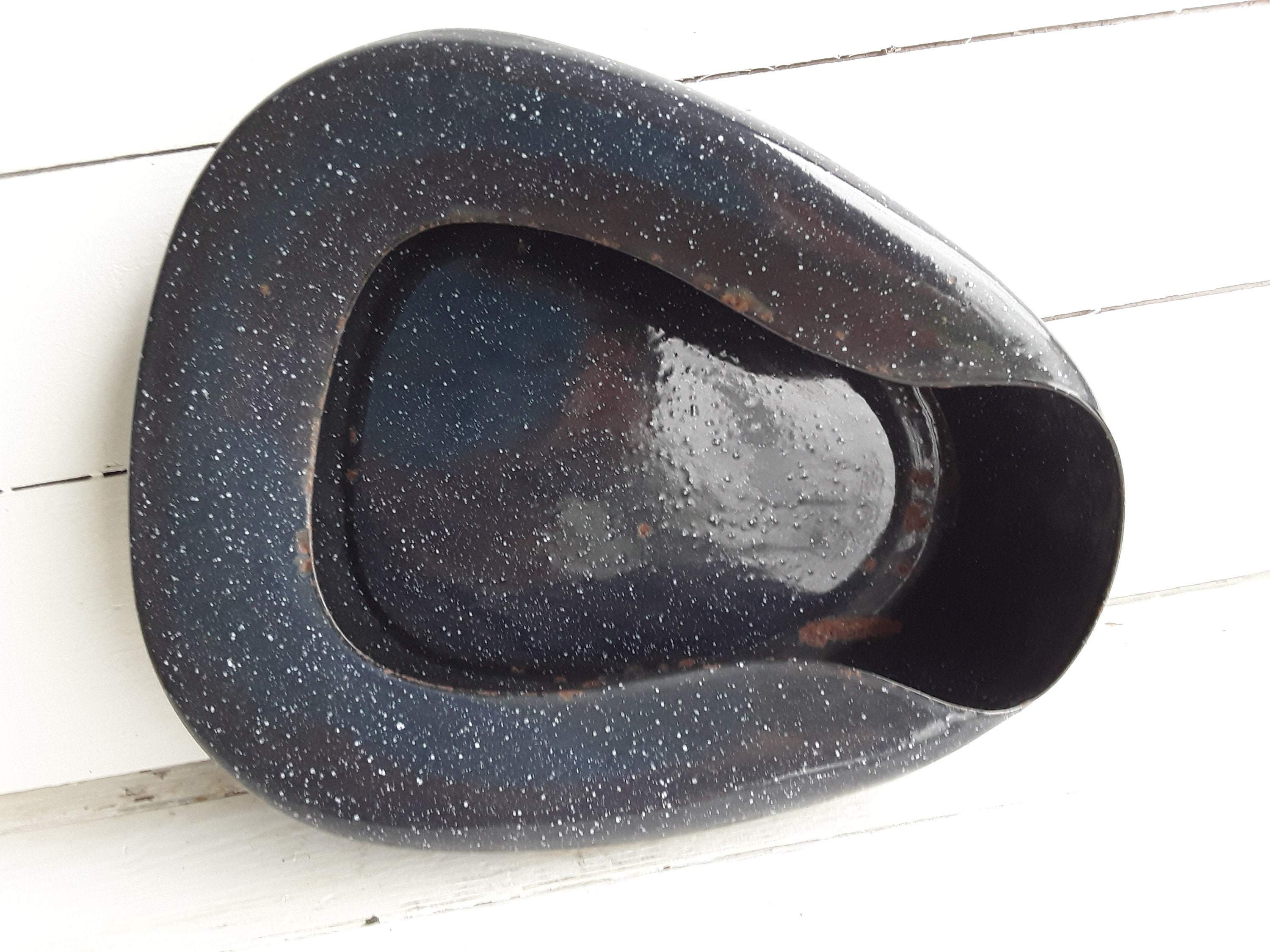 1950s Dark Blue Enamel Bed Pan, Vintage Hospital Medical, Portable Potty, Odd Planter Holder product image