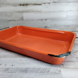 Vintage French Enamelware Baking Pan with Metal Rack. / Orange Enamelware