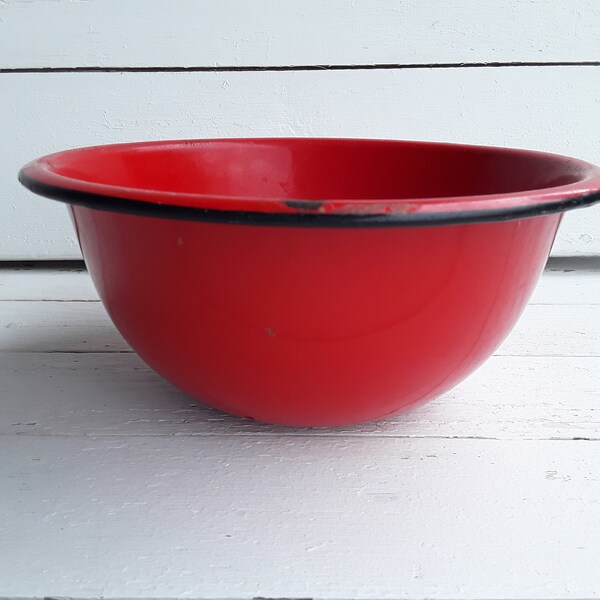 vintage Red Enamelware Bowl, Red Enamel Mixing Bowl, Farmhouse Kitchen