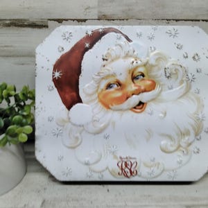 Vintage Russell Stover Kerstman scharnierend snoepblik / vintage snoepblik / vintage blikken