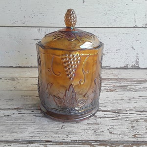 Indiana Carnival Glass Canister Candy Dish Amber Grape Leaves Harvest 7&quot; Tall