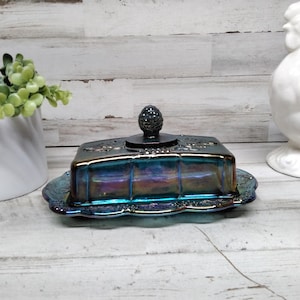 Vintage Butter Dish by Indiana Harvest Grape Carnival Glass /  Blue Harvest Grape Leaf Butter Dish  / Indiana Blue Carnival Glass