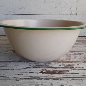 Cream with Green Trim Enamel Bowl Vintage Heavy Metal~Basin Farmhouse Kitchen Bowl French Enamel