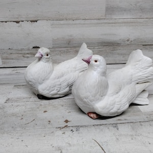 May include: Two white ceramic dove figurines with detailed feather textures and pink beaks. The doves are positioned on a weathered, light-colored wooden surface, creating a serene and decorative display.