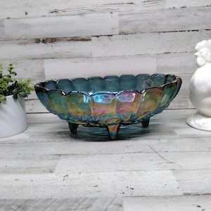 Vintage Blue Carnival Glass Fruit Bowl Centerpiece with Gorgeous Embossing. / Vintage Carnival Glass  / Vintage Blue Carnival Glass