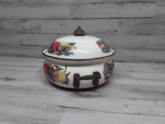 VTG White w/Floral Enamel 10” Dutch Oven With Lid Stock Pot Double Brass  Handle