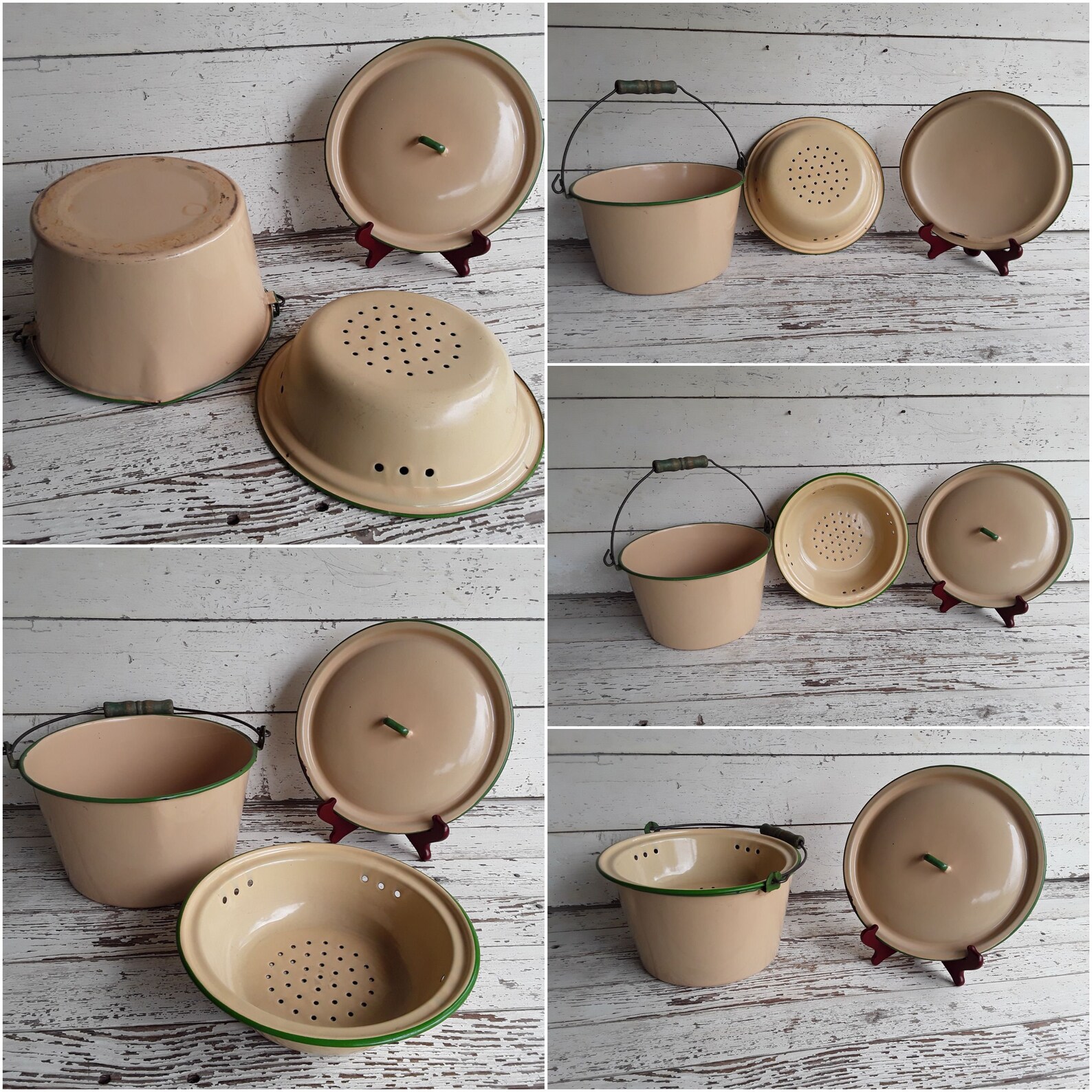 Beige and Green Trimmed Enamelware Stockpot With Steamer and Etsy