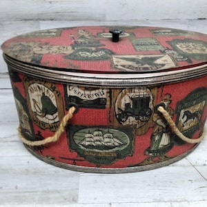 Vintage Princess Brand Sewing Box - Red/Gold Early American Graphics  / Vintage Sewing Boxes