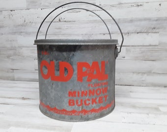 YOUR CHOICE of Wonderful Vintage Old Pal Galvanized Metal Minnow Bucket  2-in-1 With Advertising Graphics Farmhouse, Vintage Fishing 