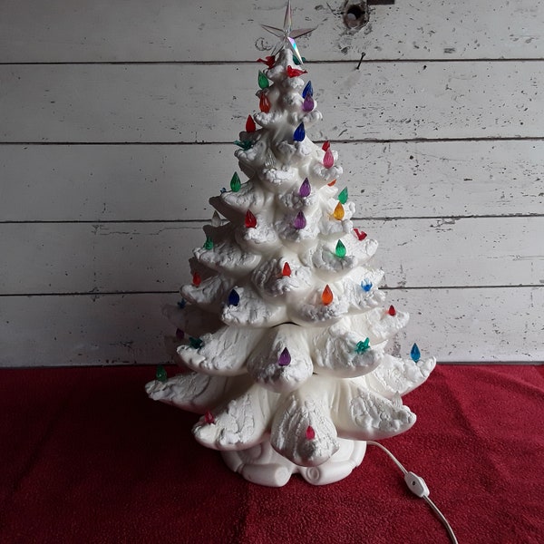 Vintage 23" Atlantic Mold Ceramic Snow Flocked Christmas Tree Pedestal Base 58/60 Holds