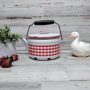 Vintage White/Red Gingham Enamel Tea Kettle with Bale Handle / 1970s Kitchen / Gingham Enamel Tea Kettles