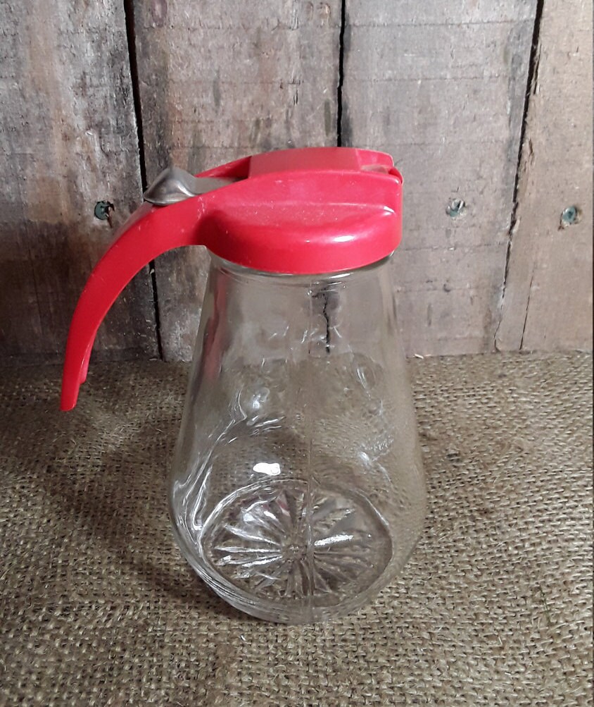 Kitchen & Dining Lot of 2 Vintage Restaurant Style Syrup Dispensers Glass Red Plastic Lid