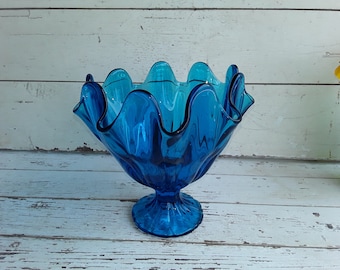 Vtg Blue Glass Compote LE Smith Footed Pedestal Bowl Ruffle Handkerchief Scallop