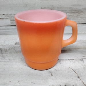 Vintage Kitchen / Fire King Cup / Anchor Hocking / Orange Ombre Cup /  Stack-able Mug /  D Handle Milk Glass /  Mid Century 1960s