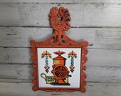 Cherry Rooster Cast Iron and Ceramic Trivet and Wall Hanging Collectible Kitchen