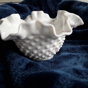 Vintage Milk Glass Vase, Ruffled Edge Hobnail Pattern, Circa 1950s