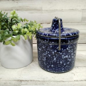 May include: A blue ceramic jar with a lid and metal handle, speckled with white spots. Beside it, a white ceramic pot holds green leafy plants. The jar is a classic kitchen or home decor item.