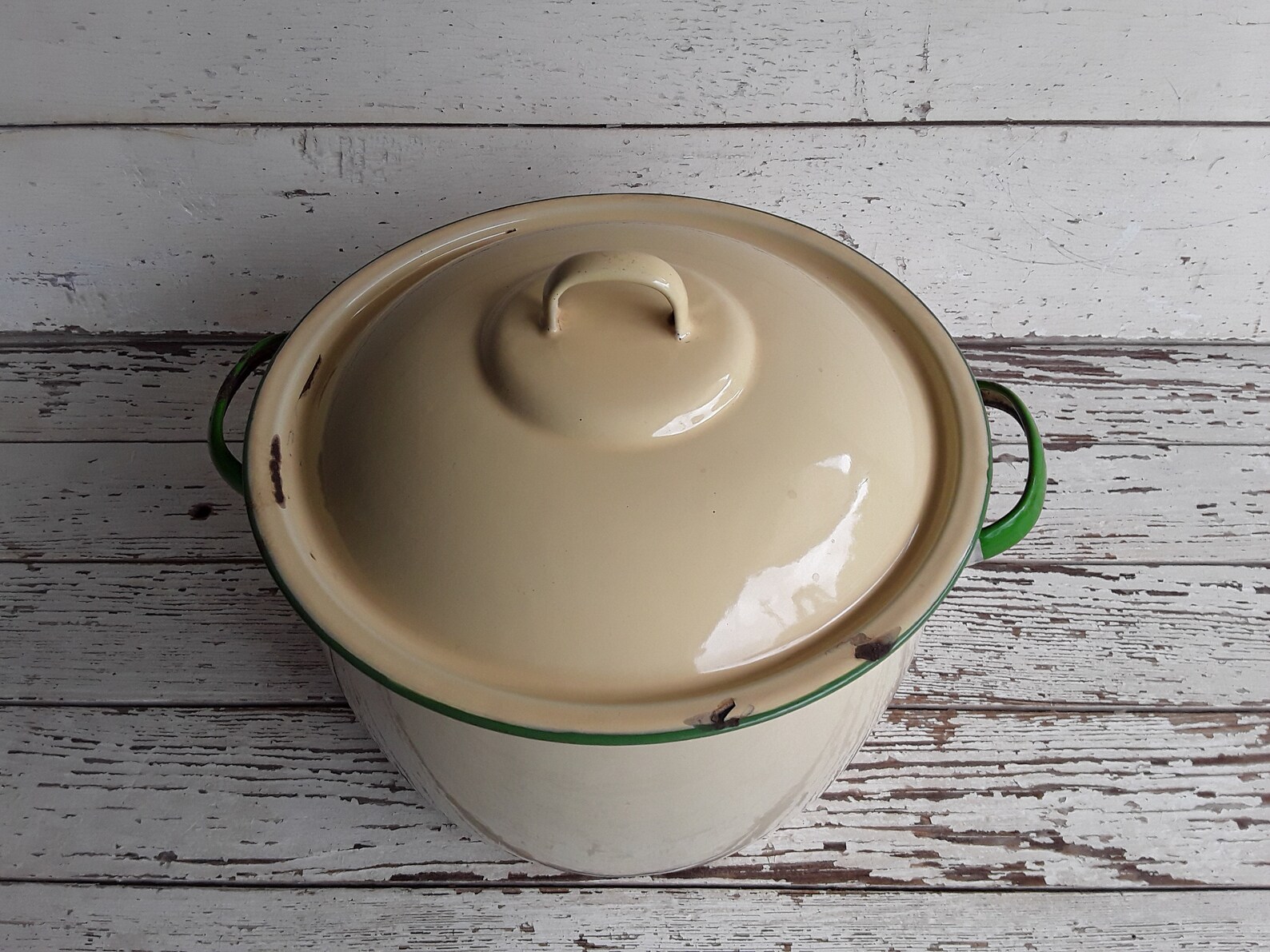 Vintage Cream Enamel Stock Pot with Lid Green Trim Two Etsy