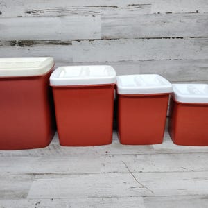 Vintage Canister Set /  Red Plastic Canisters / Vintage 1950&#39;s  / Mid Century Canisters / Farmhouse Canisters /  Christmas Red Canisters