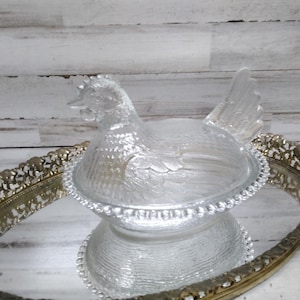 Vintage Indiana Clear Glass Hen on Nest Covered Candy Dish /  Hen  on Nest Dish /  Glass Hen on Nest Dish / Farmhouse Decor