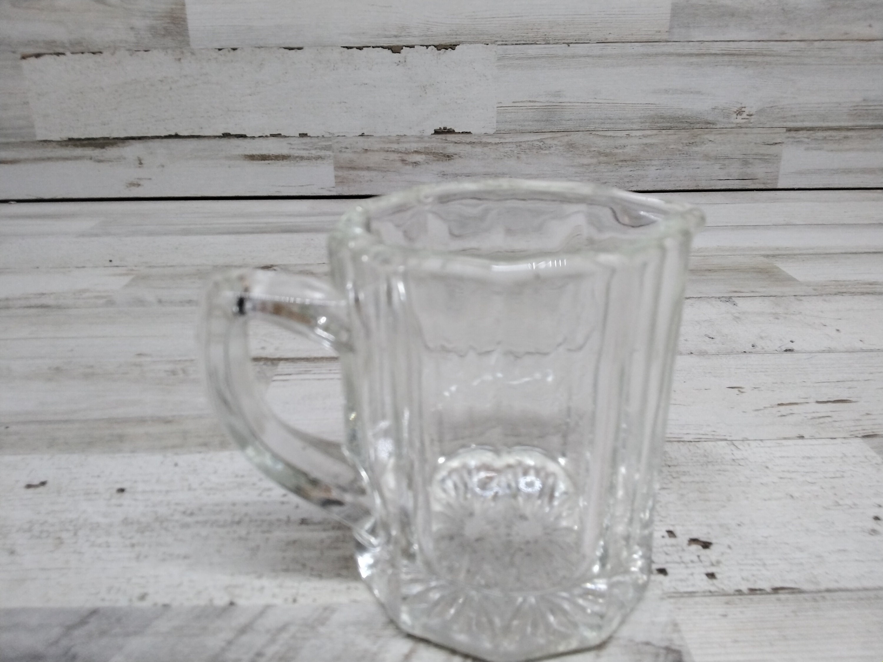 Vintage Small Clear Ribbed Glass Handled 6” Carafe Pitcher Creamer Lid  Chipped