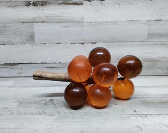 Vintage Large Lucite Grape Cluster Orange on Driftwood / MCM Lucite Cluster