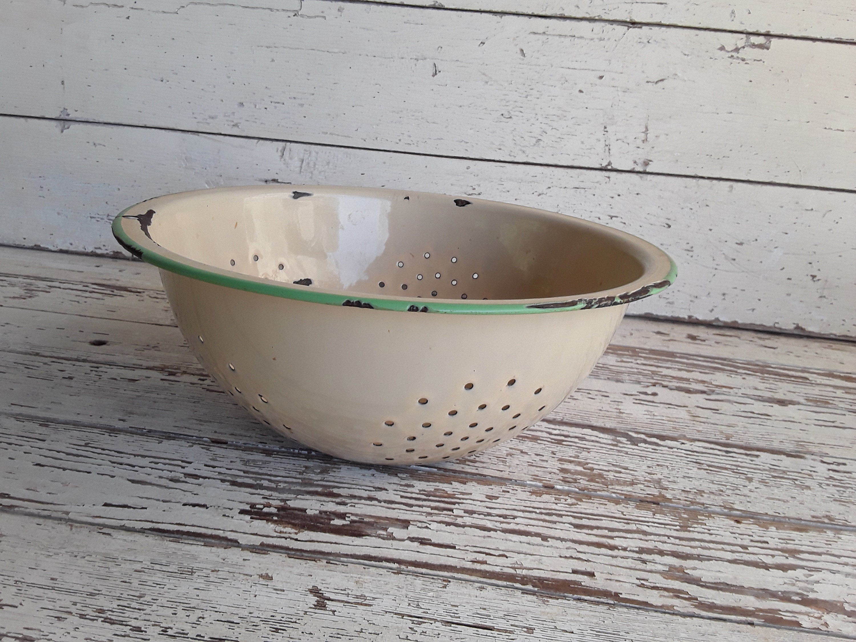 Cream and Green Enamel Colander Vintage French Cream and Green Etsy