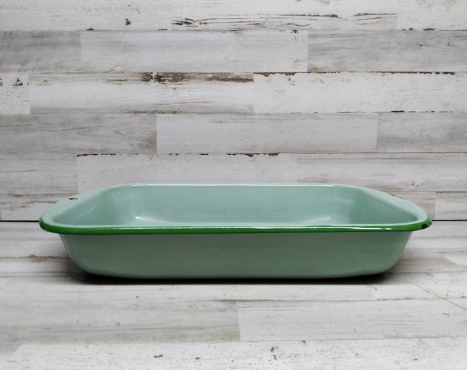 Vintage Enamelware Baking Pan Green With Green Trim Vintage Baking Pan