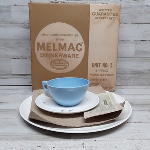 Vintage Melmac Dinnerware /  NOS 3 Piece Setting  / Melmac Plate, Saucers and Cup  / Lenox Ware Guarantes