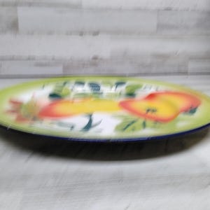 Peut inclure: Un grand plat de service ovale avec un fond vert et un bord bleu. Le plat pr&eacute;sente un motif de fruits color&eacute;s avec des teintes jaunes, orange et rouges.