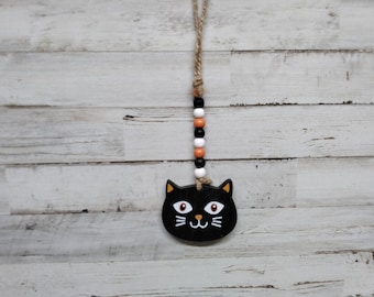 Wooden Black Cat with Beads and Jute Twine  / Tier Tray Decor  / Halloween Decor