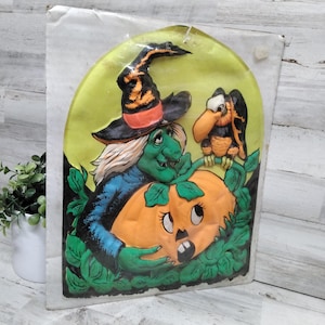 Vintage NOS Glowing Plastic Vacuform Witch and Jack-O-Lantern 3D Wall Hanging Decor