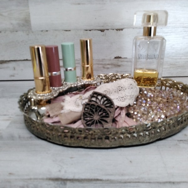 Metal Filigree And Glass Mirrored Vanity Tray Vintage 1960s, Oval Shape, Dresser Or Bathroom Tray, Candle Or Perfume