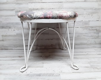 Vintage Vanity Seat / Mid Century Vanity Chair /  Floral Upholstery White Metal Stool / Nursery Seating