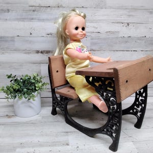 Vintage Doll School Desk with Cast Base and Wooden Table Top and Bench  /  Doll Furniture. / Doll Not Included