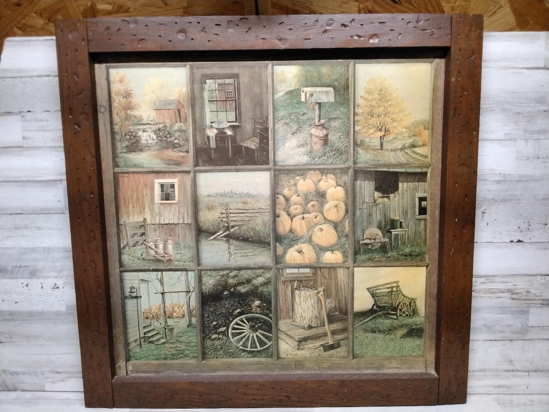 Vintage Homco Home Interiors Window Pane Picture Rustic Autumn Farm / B
