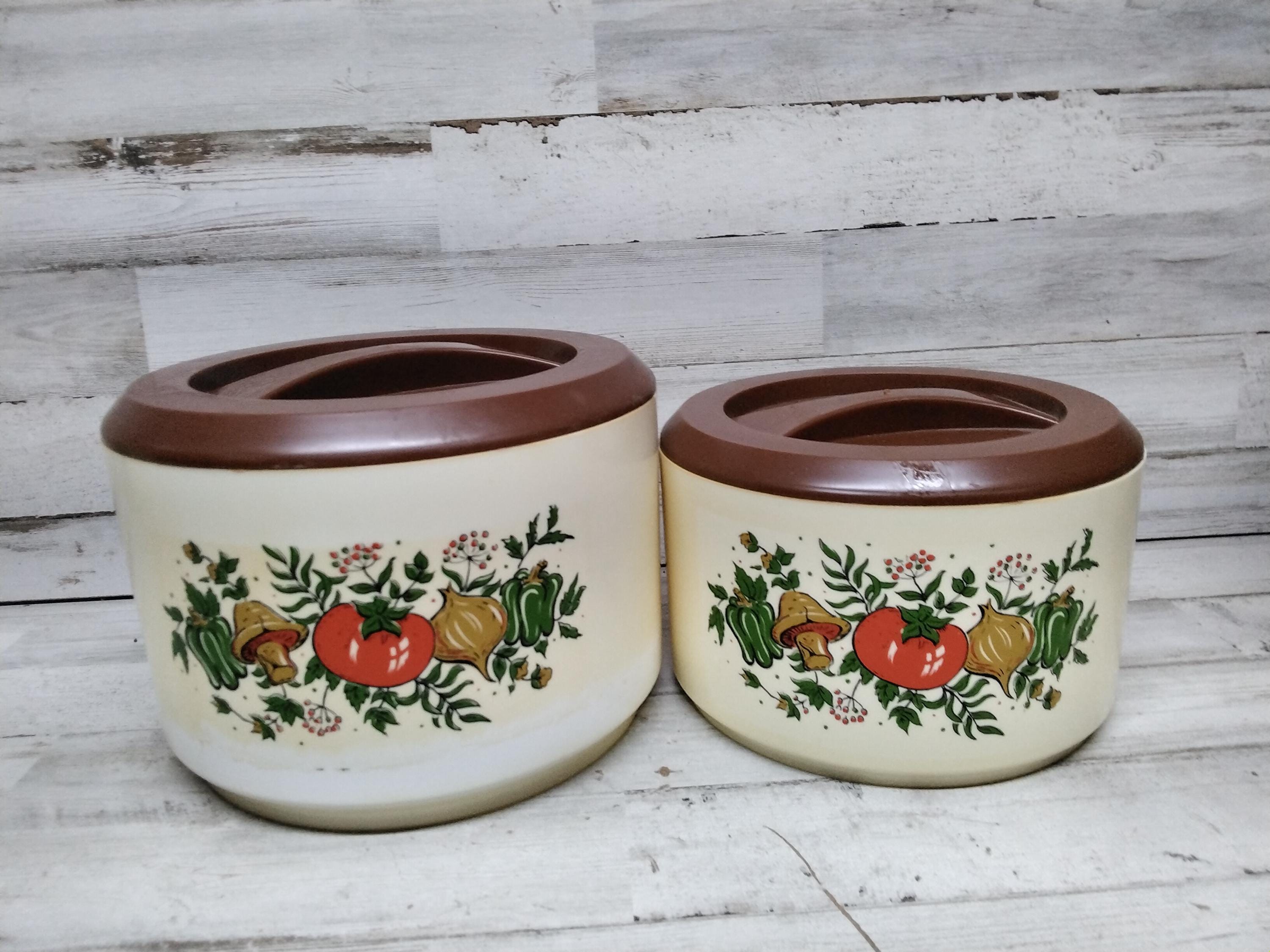 Vintage Sterilite Canisters Vegetable Mushroom Design Brown Lid Cover Stackable Retro Kitchen Organization Decor Plastic