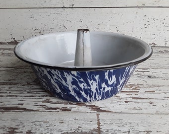 Vintage blau und weiß Splatter Ware seltene Tube/Bundt Kuchen Pan Land Chic Bauernhaus Küche