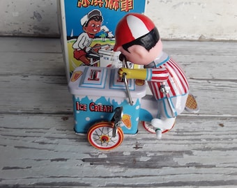 Vintage Wind Up Ice Cream Vender  Ice Cream Boy with Ice Cream Wagon Clockwork