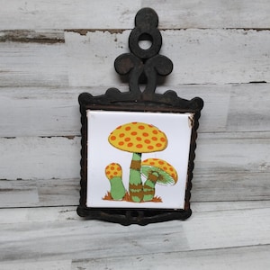 Vintage Mushroom Cast Iron and Ceramic Trivet /  Wall Hanging  / Collectible Mushroom Kitchen Decor  / Merry Mushroom Decor