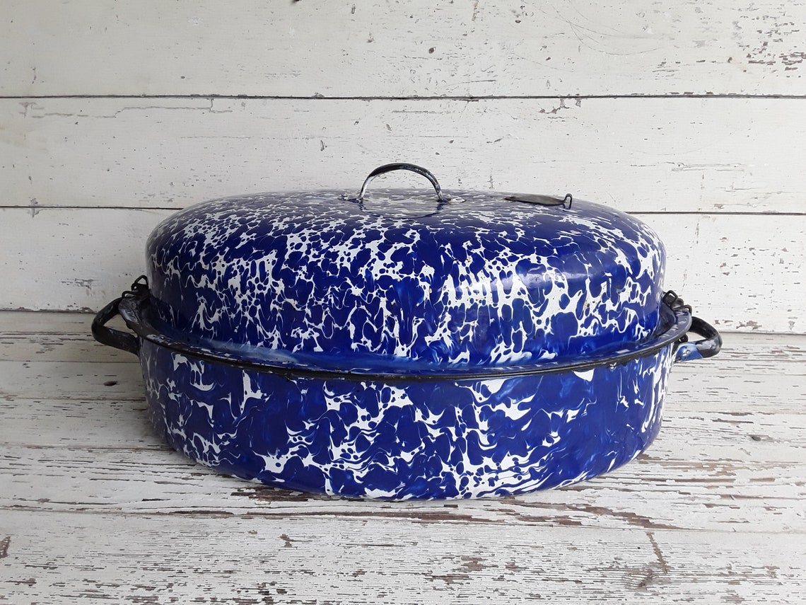 Vintage Blue Splatter Enamelware Roaster With Safety Latches Etsy