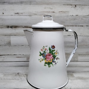 Vintage Large Enamel Coffee Pot  / White Enamel Coffee Pot with Flowers