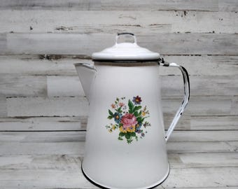 Grande cafetière émaillée vintage / Cafetière émaillée blanche avec fleurs