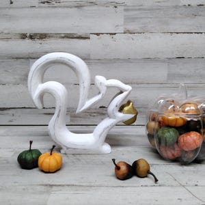 May include: A white wooden squirrel figurine holding a golden acorn, with a clear pumpkin-shaped container filled with miniature pumpkins. Two small gourds and two miniature pumpkins are also present. The background is a white wooden surface.